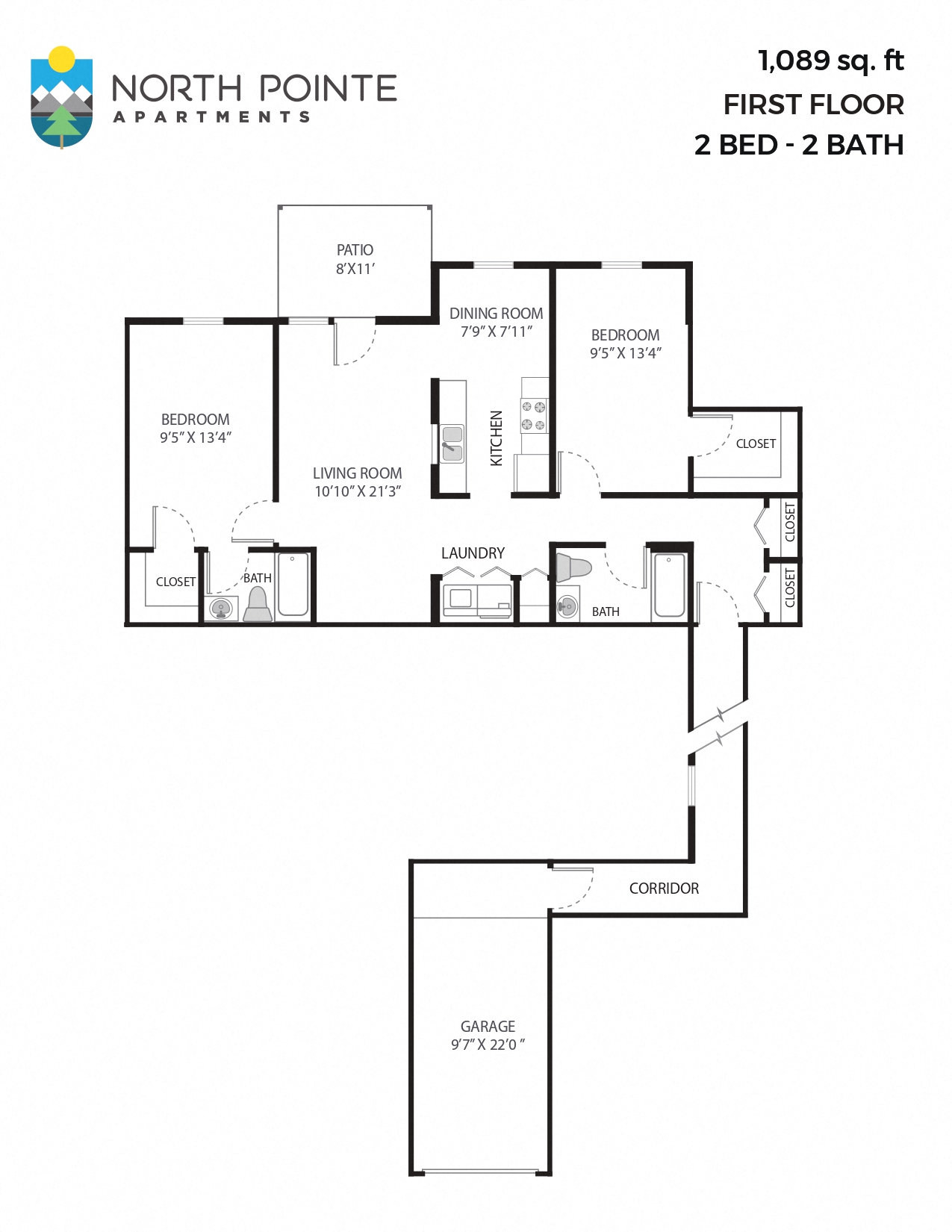 Floor plan for 2 beds, 2 baths, 1089 sqft